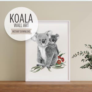 May include: A watercolor illustration of a mother koala and her joey, both with gray fur, sitting on a branch with green leaves and red flowers. The illustration is on a white background.