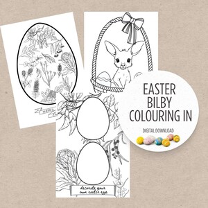 May include: A printable coloring page featuring an Easter bilby in a basket with eggs. The page also includes two blank eggs for decorating with Australian native flowers. The text "Easter Bilby Colouring In" and "Digital Download" is included on the page.