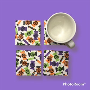 Halloween themed ceramic coasters.