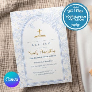 Faire-part de Baptême Éditable | 5x7 pouces | Modèle Canva | Téléchargement Instantané | Invitation Imprimable PDF