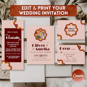 Set Inviti di Nozze Retrò | Stile Anni '90 | Invito di Nozze Modificabile e Stampabile | Invito Boho | Modello Canva | Pacchetto matrimonio