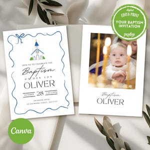 Faire-part de Baptême Personnalisable avec Photo | Modèle Bleu Dessiné à la Main | Carte de Dévouement Bébé | Invitation Baptême à Modifier