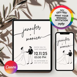 Faire-part de mariage LGBTQ moderne – Carte digitale 5x7 personnalisable via Canva – À imprimer ou envoyer en ligne