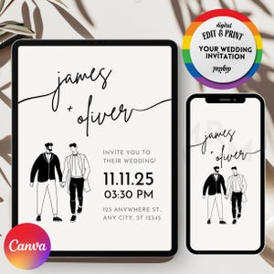 Faire-part de mariage LGBTQ moderne – Carte digitale 5x7 personnalisable via Canva – À imprimer ou envoyer en ligne