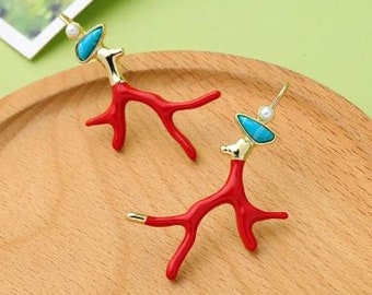 Boucles d'oreilles Corail - Élégance marine avec Perle Brillante