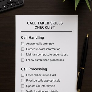 May include: A white checklist titled "CALL TAKER SKILLS CHECKLIST" with sections for Call Handling and Call Processing. A black pen with gold accents rests on a dark wooden surface, near a keyboard and a small green plant.