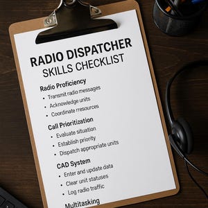 Pode incluir: Uma prancheta com uma lista de verificação intitulada "RADIO DISPATCHER SKILLS CHECKLIST" está em uma superfície de madeira escura. A lista inclui habilidades como proficiência em rádio e priorização de chamadas. Um fone de ouvido, teclado e porta-canetas também são visíveis.