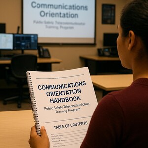 May include: A person holding a spiral-bound handbook titled "Communications Orientation Handbook." The handbook's cover includes the text "Public Safety Telecommunicator Training Program." A projector screen in the background displays the words "Communications Orientation."