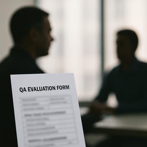 May include: A white QA EVALUATION FORM is held in front of two blurred figures in a business setting. The form is in focus, with the title clearly visible. The background is out of focus, suggesting a meeting or interview.
