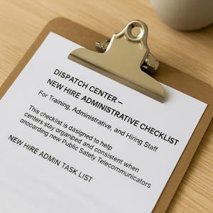 Può includere: Un appunti con una clip in metallo argentato che tiene un foglio di carta bianco. La carta ha il titolo "DISPATCH CENTER - NEW HIRE ADMINISTRATIVE CHECKLIST" stampato in nero. L'appunti è su una superficie di legno.