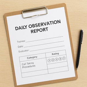 Pode incluir: Uma prancheta com um papel branco intitulado "DAILY OBSERVATION REPORT". O relatório inclui campos para estagiário, data e avaliador, com uma seção para categorias de classificação. Uma caneta preta repousa sobre a superfície de madeira.
