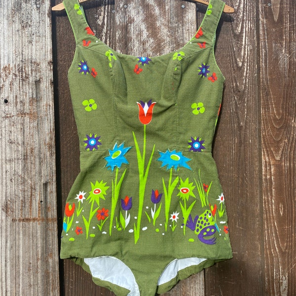 Novelty frog print 1963 swimsuit/playsuit Rose Marie Reid