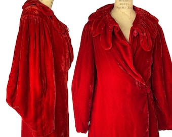 1930s silk velvet cocoon opera coat/crimson red deco jacket/oversized collar dolman sleeve
