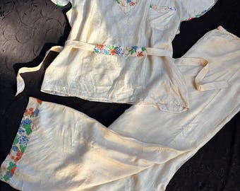 1920s Pongee silk 2pc set flutter sleeve blouse & pants beach pajamas loungewear