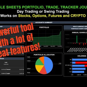 Puede incluir: Una captura de pantalla de una hoja de cálculo de Google Sheets con un fondo oscuro y gráficos verdes, rojos y azules. La hoja de cálculo se titula "Google Sheets Portfolio, Trade, Tracker Journal" e incluye el texto "¡Herramienta poderosa con muchas funciones geniales!" en rojo. La hoja de cálculo está diseñada para realizar un seguimiento de las inversiones financieras, incluidas las acciones, las opciones, los futuros y las criptomonedas.