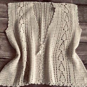 Hand Crochet Vintage 70&#39;s Style Cotton Boho Oversize Lagenlook Blouse Vest Layering XL-XXL