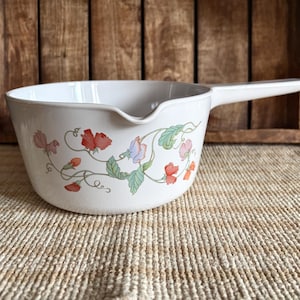 May include: White ceramic saucepan with a long handle and a floral design featuring red, pink, and blue flowers with green leaves. The saucepan is on a woven beige surface, with a wooden background.