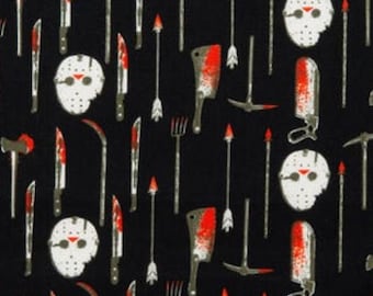 May include: Black fabric with a repeating pattern of a white hockey mask, a bloody butcher knife, a bloody cleaver, a pickaxe, a hunting arrow, a sickle, and a pitchfork.