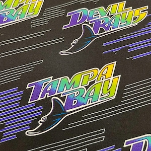 Puede incluir: Una tela negra con un patrón repetido del logotipo de los Tampa Bay Rays. El logotipo presenta una raya estilizada con las palabras "Tampa Bay" y "Devil Rays" en un degradado arcoíris.