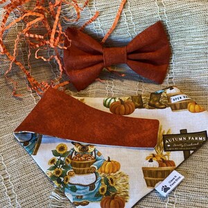 Scarecrow Pumpkin Patch Pet Scarf, Harvest Pet Bandana, Fall in the Farm Pet Bandana, Autumn Pet Bow Tie, Reversible Pet Bandana,