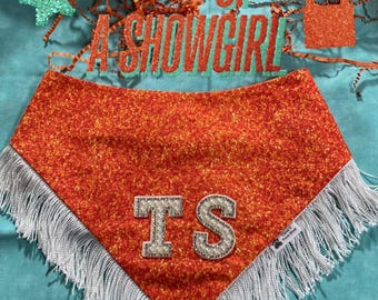 TS Letters on an Orange Fabric Pet Bandana with or without Fringe, TS12 Showgirl Cat Bandana, TS12 Showgirl Dog Bandana,