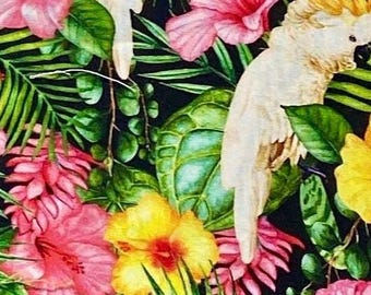 Parrot and Hibiscus Flowers Pet Bandana, Reversible Fabric, Paradise Tropical Bandana for Pets, Summer Pet Bandana Flowers Aloha,