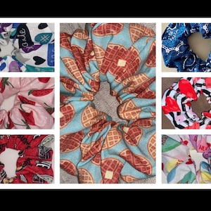 May include: A collection of colorful scrunchies with various patterns, including strawberries, waffles, hearts, and a bandana print.