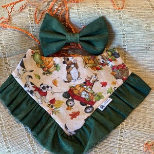 Può includere: Un set bandana e papillon per cani. La bandana presenta una stampa di cani, zucche e foglie autunnali. Il set ha un papillon verde scuro e un bordo a balze verde abbinato sulla bandana. Lo sfondo è beige neutro.