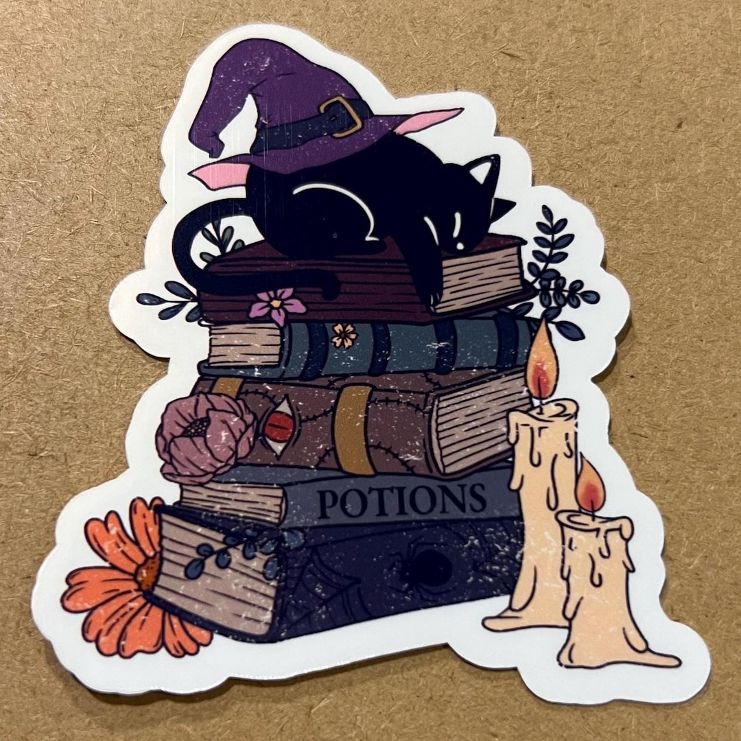 Black Cat in a Witch's Hat and Spell Books Candle and Flower Glossy ...