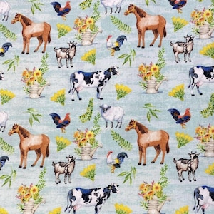 May include: A blue and white fabric with a repeating pattern of farm animals, including cows, horses, sheep, goats, and roosters. The animals are surrounded by green leaves and yellow flowers.