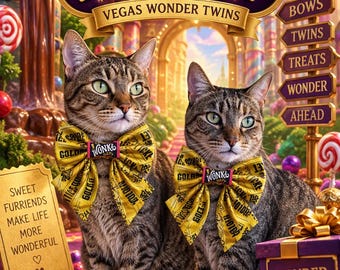 May include: Two tabby cats wearing yellow bow ties with black text, sitting in a candy-themed setting. A sign reads THE WONDER BEGINS VEGAS WONDER TWINS, with other signs saying BOWS, TWINS, TREATS, WONDER, AHEAD, and WONDER AWAITS.
