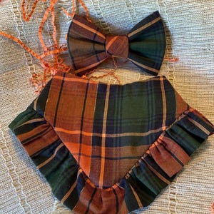 Fall Plaid Pet Bandana with Ruffles, Autumn Plaid Bandana, Pet Bow Tie Plaid, Harvest Plaid Pet Bandana