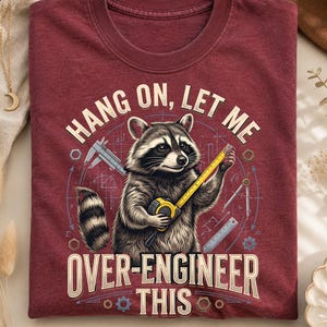 May include: A maroon crew neck t-shirt featuring a graphic of a raccoon holding a yellow tape measure. The text reads "HANG ON, LET ME OVER-ENGINEER THIS" and "HEATHER CARDINAL". The design includes technical drafting tools like callipers and compasses.