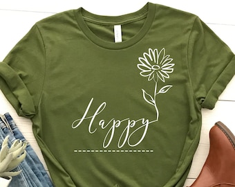 Koszulka Happy, Koszulki motywacyjne, Koszulka Happiness, Wybierz koszulkę Happy, Koszulka Floral Happy, Koszulka z pozytywnym powiedzeniem, Koszulka inspirująca