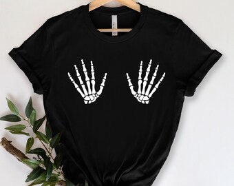 Skeletthänder T-shirt, Glad Halloween-tröjor, Halloweenfest, Hand-BH-t-shirt, Bus eller godis-tröja, Rolig Halloween-t-shirt