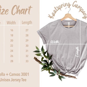 May include: Size chart for a unisex jersey tee shirt made by Bella + Canvas. The chart shows the width and length measurements in inches for sizes XS to 3XL.