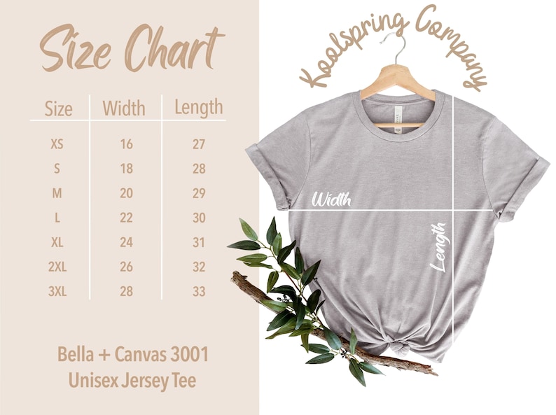 May include: Size chart for a unisex jersey tee shirt made by Bella + Canvas. The chart shows the width and length measurements in inches for sizes XS to 3XL.