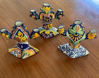 Set of Three Talavera-style Glazed Ceramic Candelabras, each holds 3 candles. Purchased in Mexico. No chips or cracks!