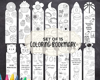 Pode incluir: Conjunto de 15 marcadores de página para colorir em preto e branco com vários temas, incluindo donuts, cupcakes, animais, esportes e espaço. Cada marcador de página tem um design diferente e inclui uma frase ou citação curta.