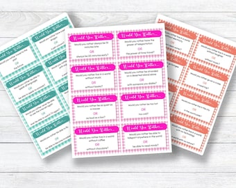 May include: A set of 24 printable "Would You Rather" game cards. The cards are pink and blue with a gingham pattern. The cards feature a variety of fun and thought-provoking questions.