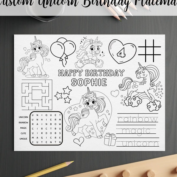 Birthday Placemat Editable Unicorn Printable Personalized With Canva Birthday Coloring Favor Printable  Custom Unicorn Activity Sheet Favor