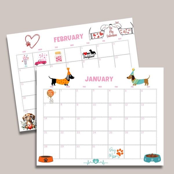 Dog Calendar 2024 Printable Wall Calendar Dachshunds Wiener Dog, Monthly Calendar, Long Dog, Gift Under 15 2024 Template Holiday Doxie.
