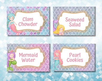 Editable Mermaid Party Food Label Mermaid Blank Food Tent Cards Labels Mermaid Party Food Tents Food Tags Mermaid Place Cards Template