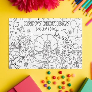 Dibujos para colorear de cumpleaños de sirena editables Dibujos para colorear de sirenas Cumpleaños personalizado de sirena Hoja de actividades para colorear bajo el mar de sirena