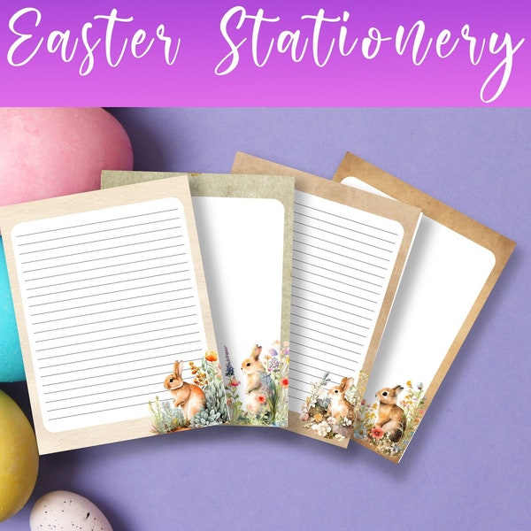 Easter Stationery Printable Stationery Easter Writing Paper Easter Bunny Rabbit Paper Lined Unlined Note Paper Notepad Stationary Set of 8