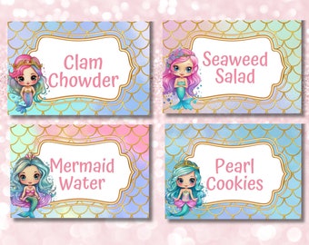 Editable Mermaid Party Food Label Mermaid Blank Food Tent Cards Labels Editable Mermaid Party Food Tents Food Tag Mermaid Place Cards
