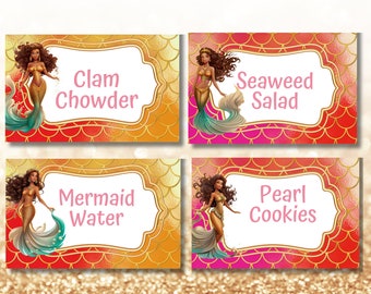 Editable American African Mermaid Party Food Label Mermaid Blank Food Tent Cards Labels Mermaid Party Food Tag Mermaid Place Cards