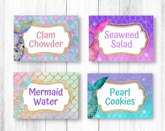 Editable Mermaid Party Food Label Mermaid Blank Food Tent Cards Labels Editable Mermaid Party Food Tents Food Tag Mermaid Place Cards