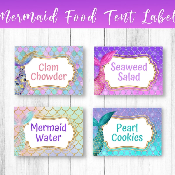 Editable Mermaid Party Food Label Mermaid Blank Food Tent Cards Labels Editable Mermaid Party Food Tents Food Tag Mermaid Place Cards