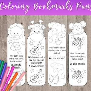 Animal Puns Coloring Bookmarks Printable Coloring Bookmarks for Kids Classroom Favors Student Bookmarks Kids Craft Funny Bookmarks